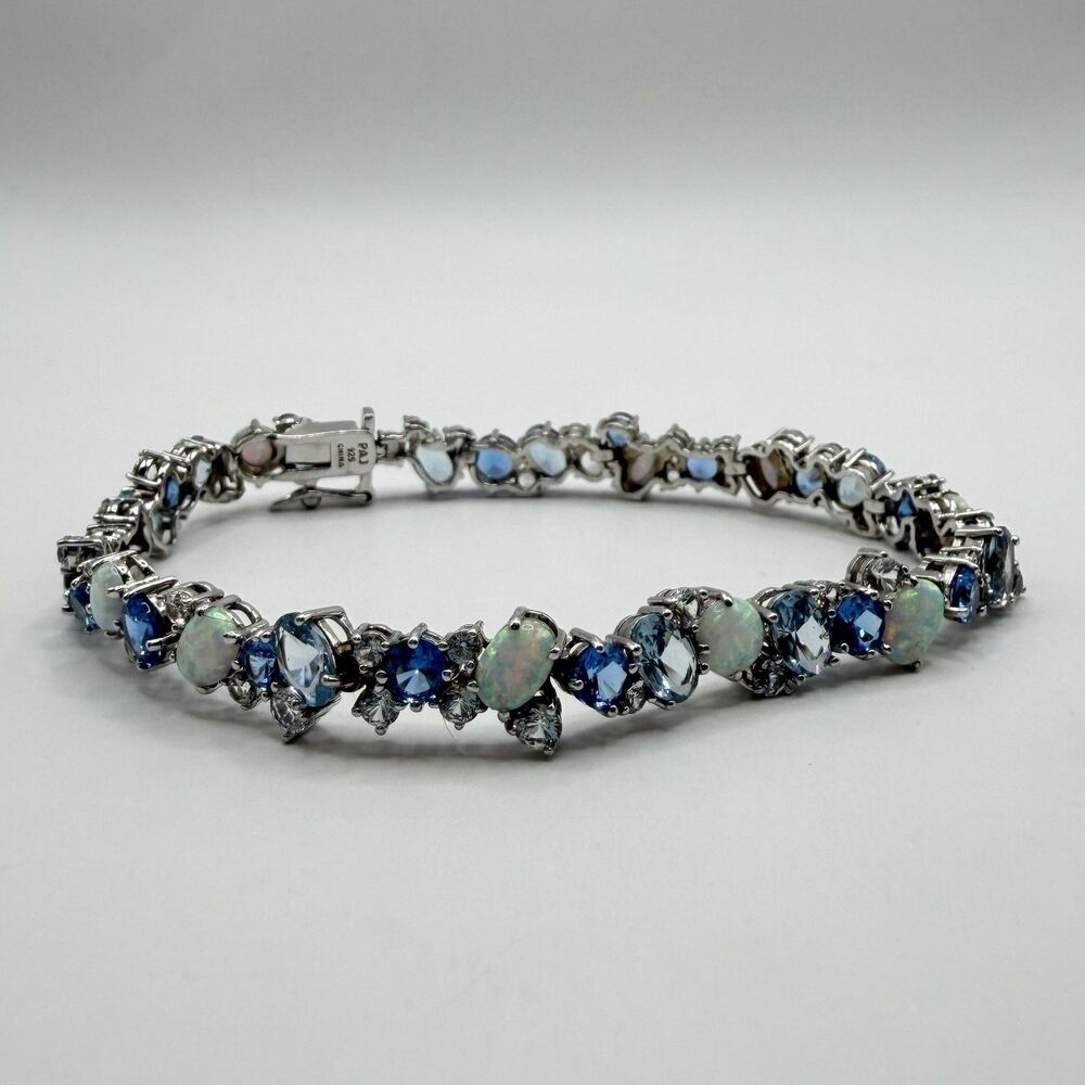 925 Sterling Silver Blue Topaz Opal Tennis Bracelet 7.5" 12.5g